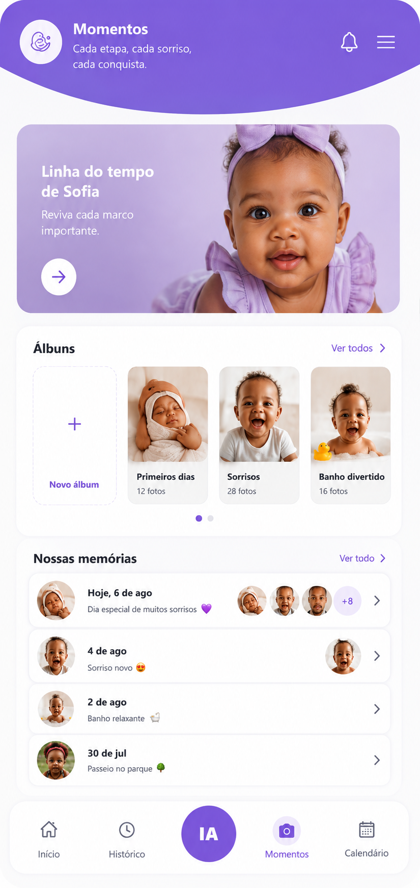 Ninho — tela de momentos